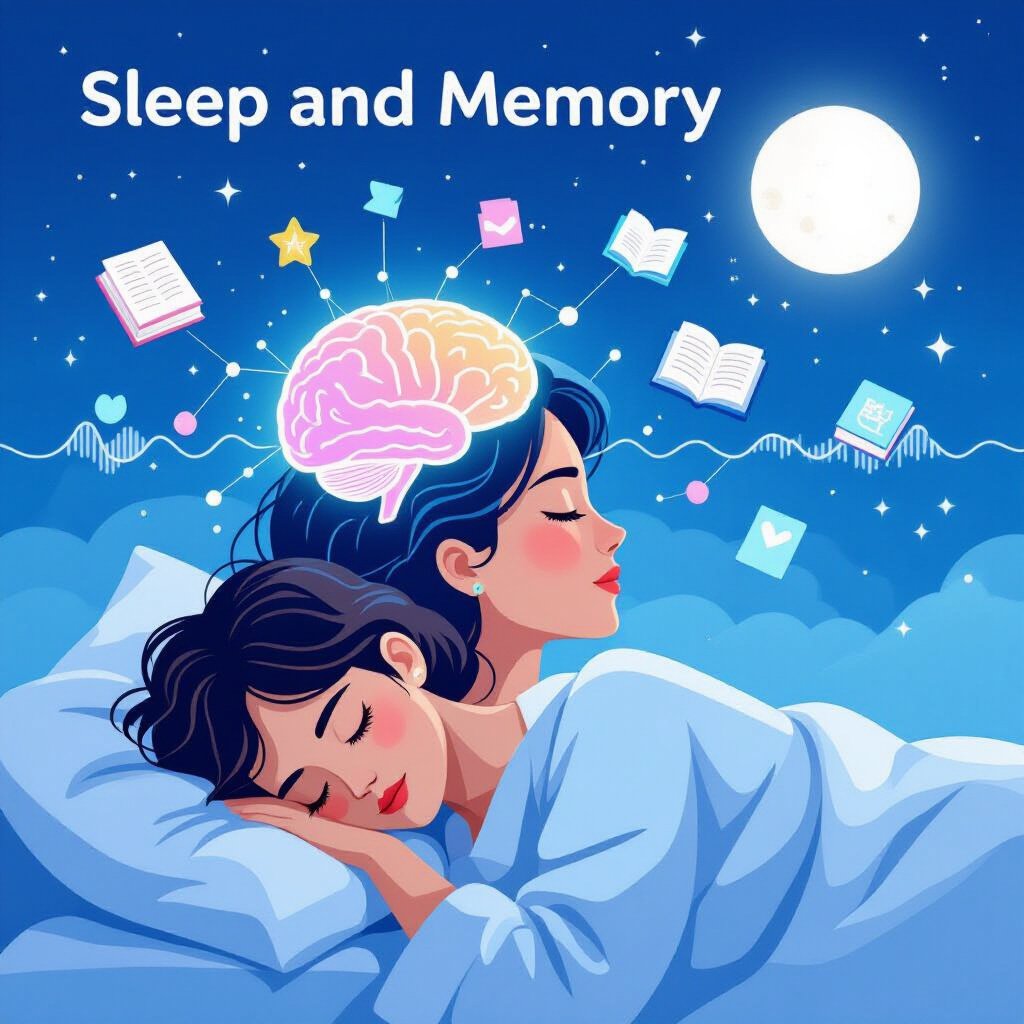 Illustration explaining how sleep affects memory and learning, with a sleeping person, glowing brain, neural connections, and symbols of stored knowledge.
