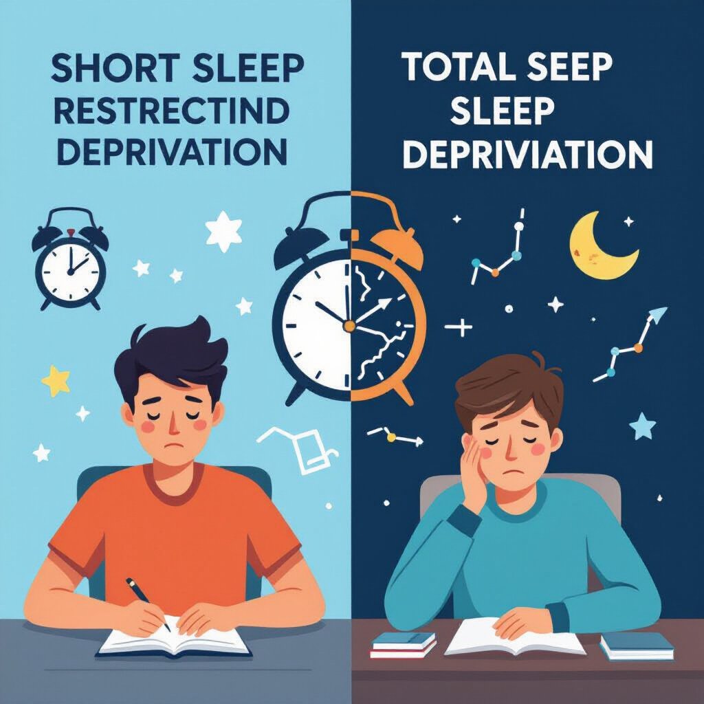 Split-screen illustration showing how short sleep restriction and total sleep deprivation can disrupt new learning and impair memory formation.