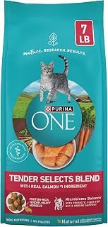 Purina ONE Tender Selects Dry Cat Food, Salmon, 7 lb Bag | Real salmon is the #1 ingredient made with carrots, peas, vitamins A and E for bright eyes, strong muscles and digestion