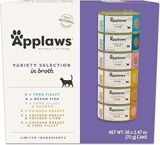 Applaws 6-Flavor Variety in Broth Wet Cat Food 36-Pack 2.47 oz Cans | 100% Natural, High Quality Protein, Limited Ingredient, Grain Free, No Fillers, No Artificial Additives